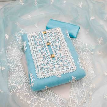 sky blue organza embroidered unstitched dress material 1