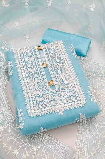 sky blue organza embroidered unstitched dress material