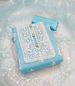 sky blue organza embroidered unstitched dress material