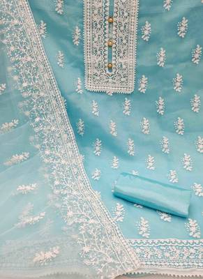 sky blue organza embroidered unstitched dress material 2