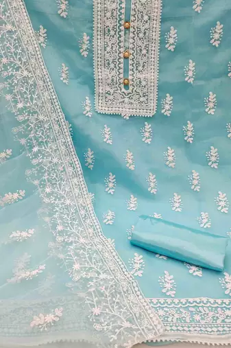sky blue organza embroidered unstitched dress material
