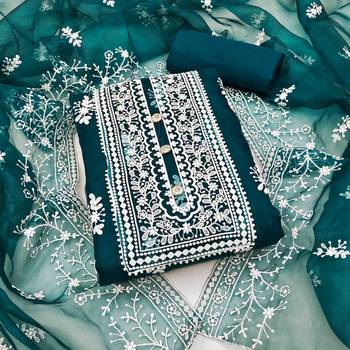 teal organza embroidered unstitched dress material 1