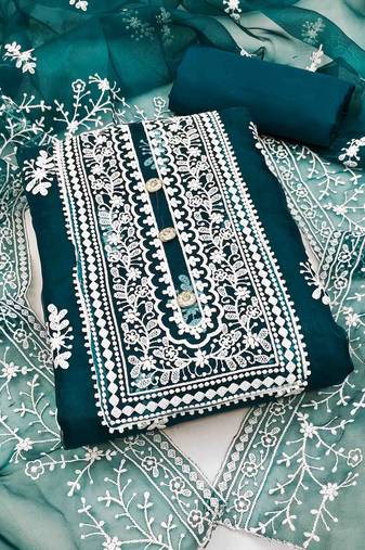 teal organza embroidered unstitched dress material