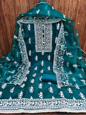 teal organza embroidered unstitched dress material 2