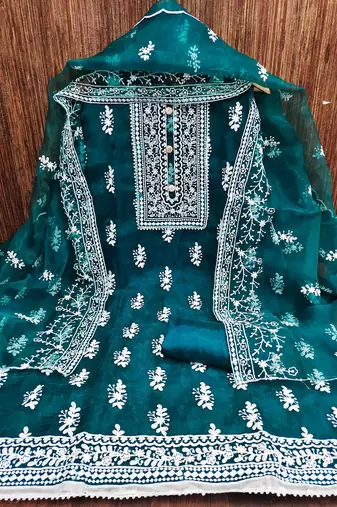 teal organza embroidered unstitched dress material