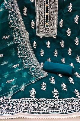 teal organza embroidered unstitched dress material 3