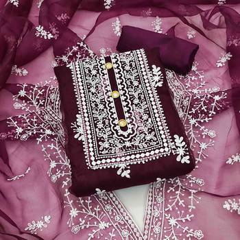 wine organza embroidered unstitched dress material 1