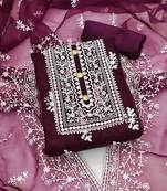 wine organza embroidered unstitched dress material