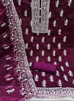 wine organza embroidered unstitched dress material 2