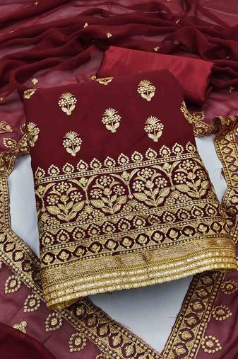 maroon georgette embroidered unstitched dress material