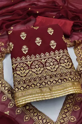 maroon georgette embroidered unstitched dress material