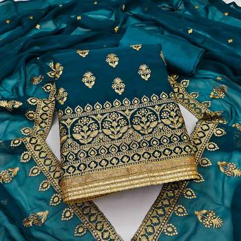 teal georgette embroidered unstitched dress material 1