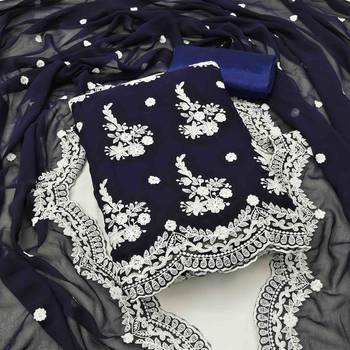 Women's navy blue georgette embroidered unstitched dress material 1