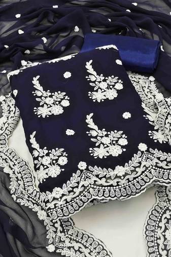 Women's navy blue georgette embroidered unstitched dress material