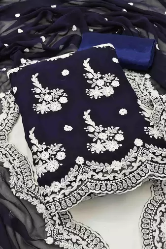 Women's navy blue georgette embroidered unstitched dress material