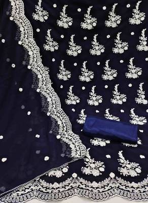 Women's navy blue georgette embroidered unstitched dress material 2