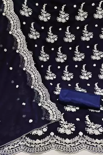 Women's navy blue georgette embroidered unstitched dress material