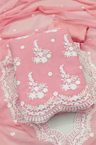 Women's peach georgette embroidered unstitched dress material