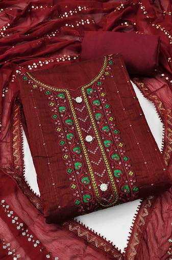 maroon chanderi cotton embroidered unstitched dress material