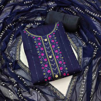 Women's navy blue chanderi cotton embroidered unstitched dress material 1