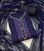 Women's navy blue chanderi cotton embroidered unstitched dress material