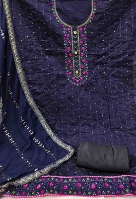 Women's navy blue chanderi cotton embroidered unstitched dress material 2