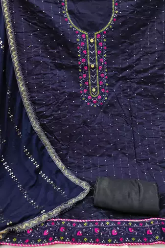 Women's navy blue chanderi cotton embroidered unstitched dress material