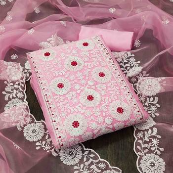pink organza embroidered unstitched dress material 1