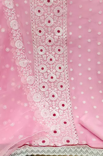pink organza embroidered unstitched dress material