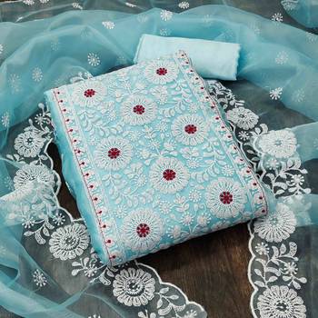 sky organza embroidered unstitched dress material 1