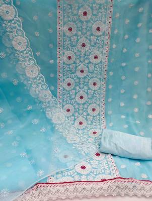 sky organza embroidered unstitched dress material 2