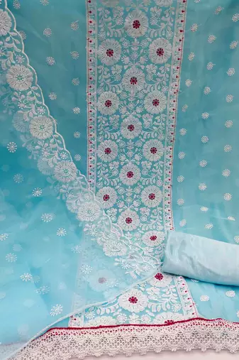 sky organza embroidered unstitched dress material