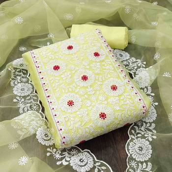 yellow organza embroidered unstitched dress material 1