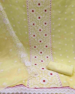 yellow organza embroidered unstitched dress material 2