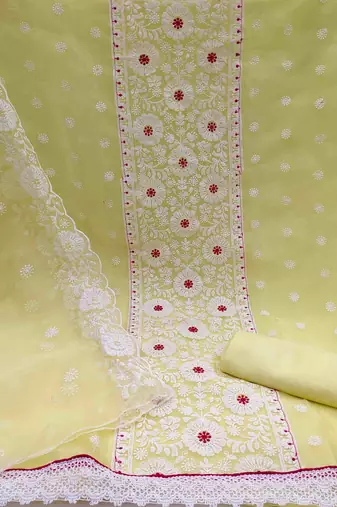 yellow organza embroidered unstitched dress material