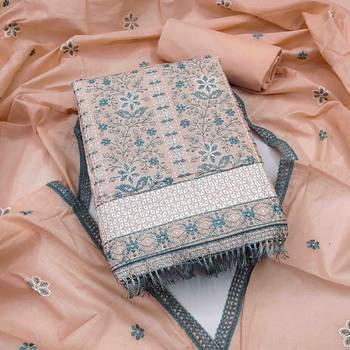 peach cotton embroidered unstitched dress material 1