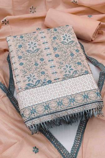peach cotton embroidered unstitched dress material