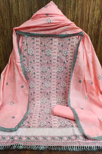 pink cotton embroidered unstitched dress material