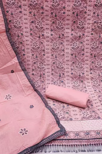 pink cotton embroidered unstitched dress material