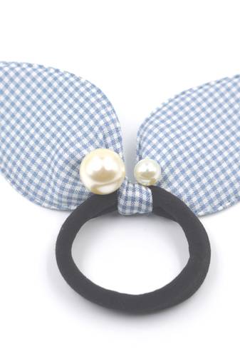 Viaana checks print ears rubber band with attached pearls light blue color