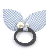 Viaana checks print ears rubber band with attached pearls light blue color