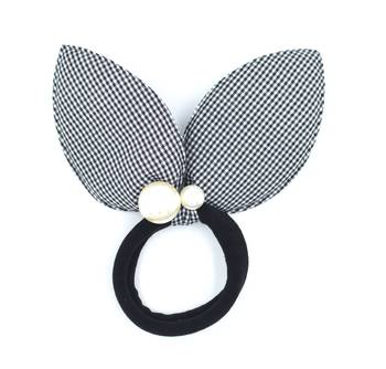 Viaana checks print ears rubber band with attached pearls blue color 1
