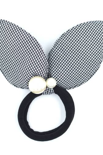 Viaana checks print ears rubber band with attached pearls blue color