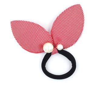 Viaana checks print ears rubber band with attached pearls red color 1