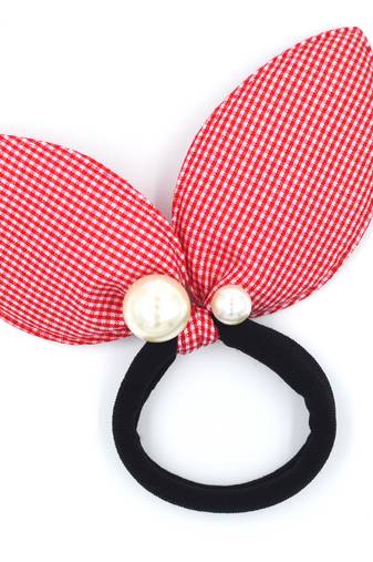 Viaana checks print ears rubber band with attached pearls red color