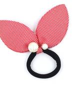 Viaana checks print ears rubber band with attached pearls red color