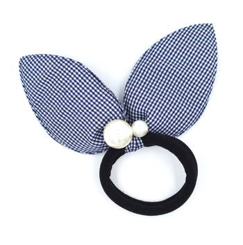 Viaana checks print ears rubber band with attached pearls black color 1