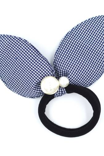 Viaana checks print ears rubber band with attached pearls black color