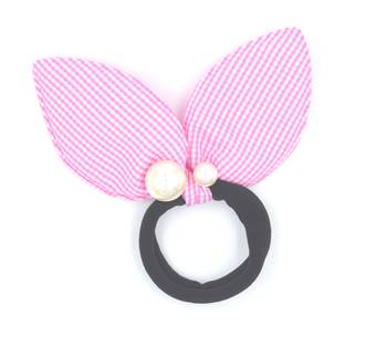 Viaana checks print ears rubber band with attached pearls pink color 1