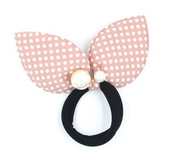 Viaana polka print ears rubber band with attached pearls peach color 1